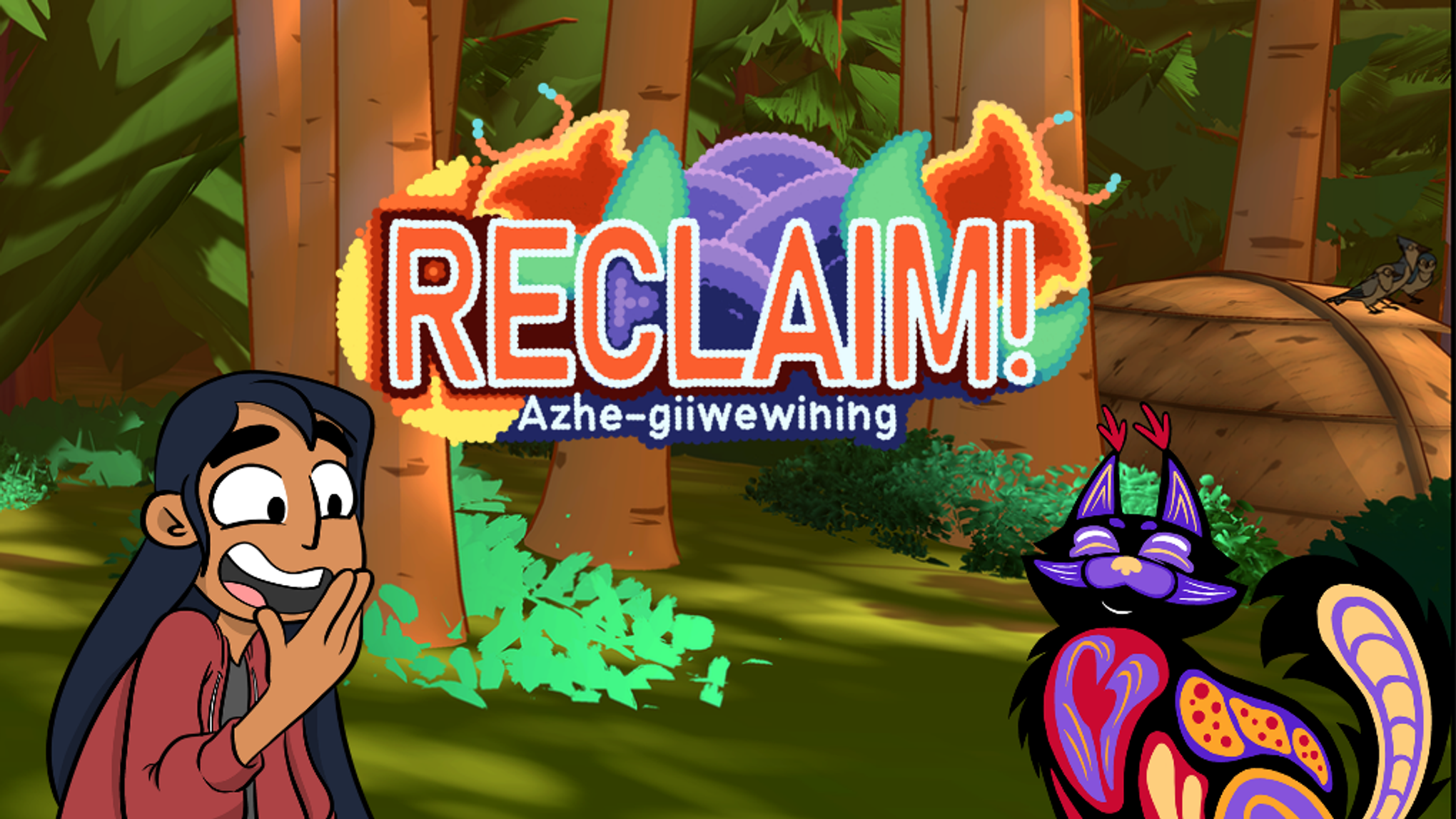 《Reclaim!》横幅广告《Azhe-giiwewining》的封面设计以一位卡通女孩和一只色彩斑斓、花纹独特的猫为主体，背景设定在森林中，标题部分采用了珠绣风格的艺术设计。
