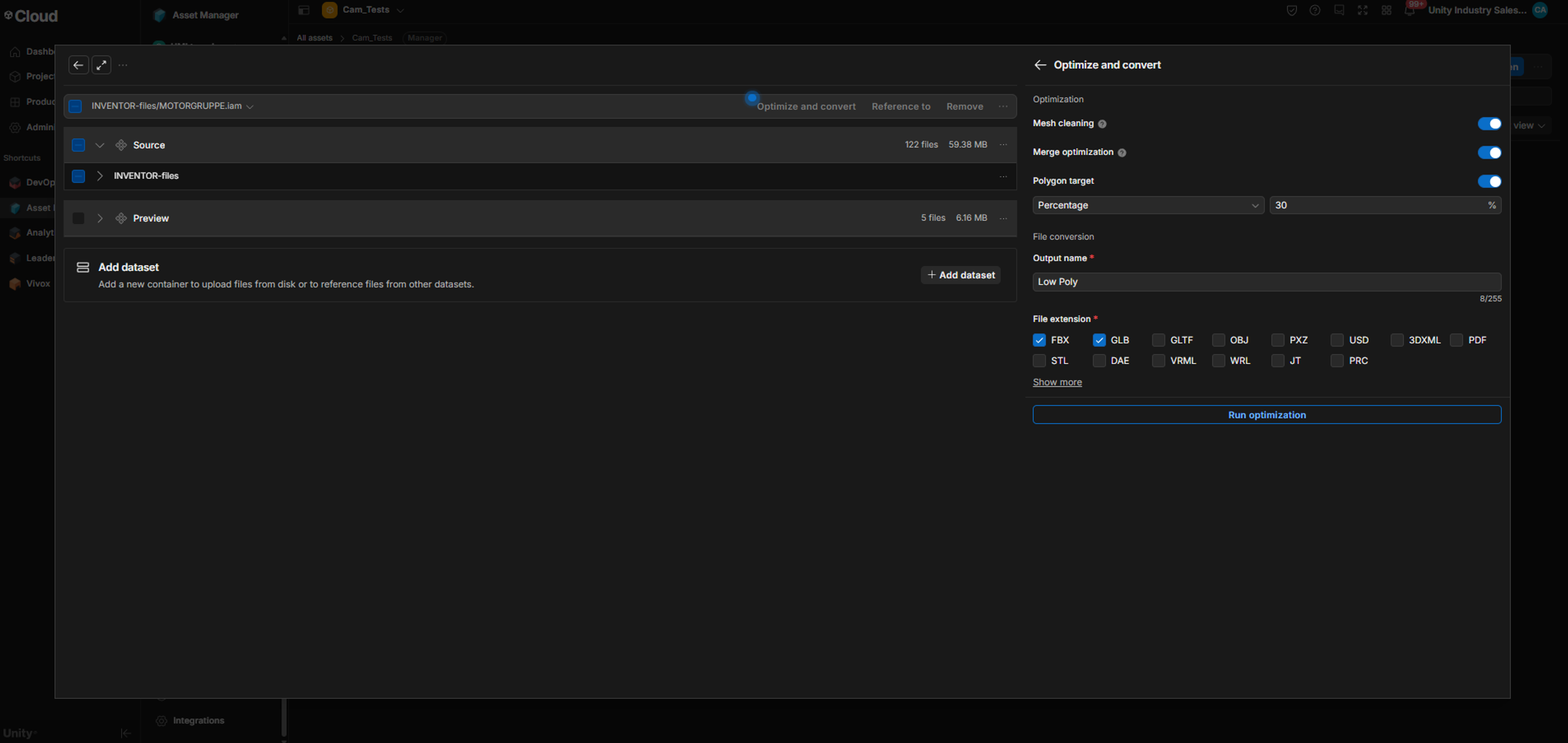 screenshot of the optimize and convert feature with the output type selected