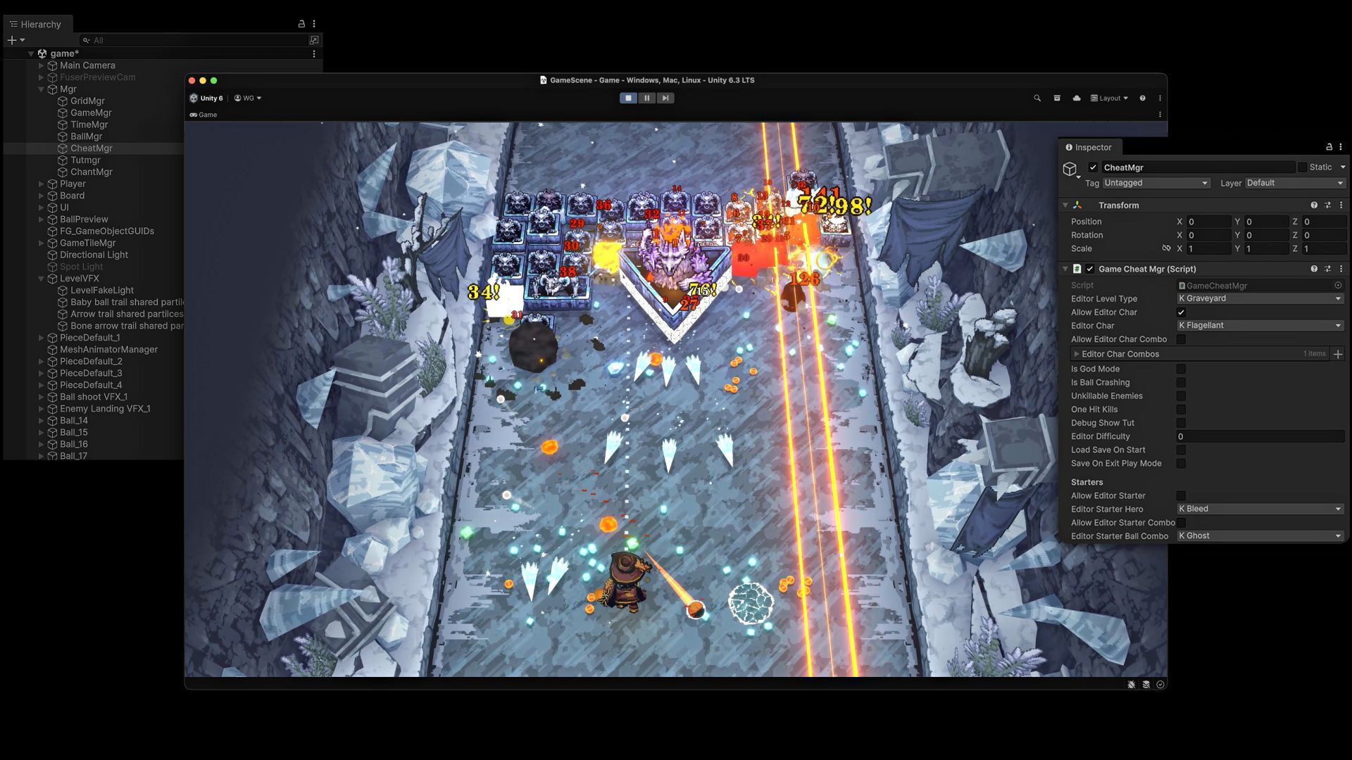A screenshot of the Unity game engine editor showing a 2D top-down action game in development.