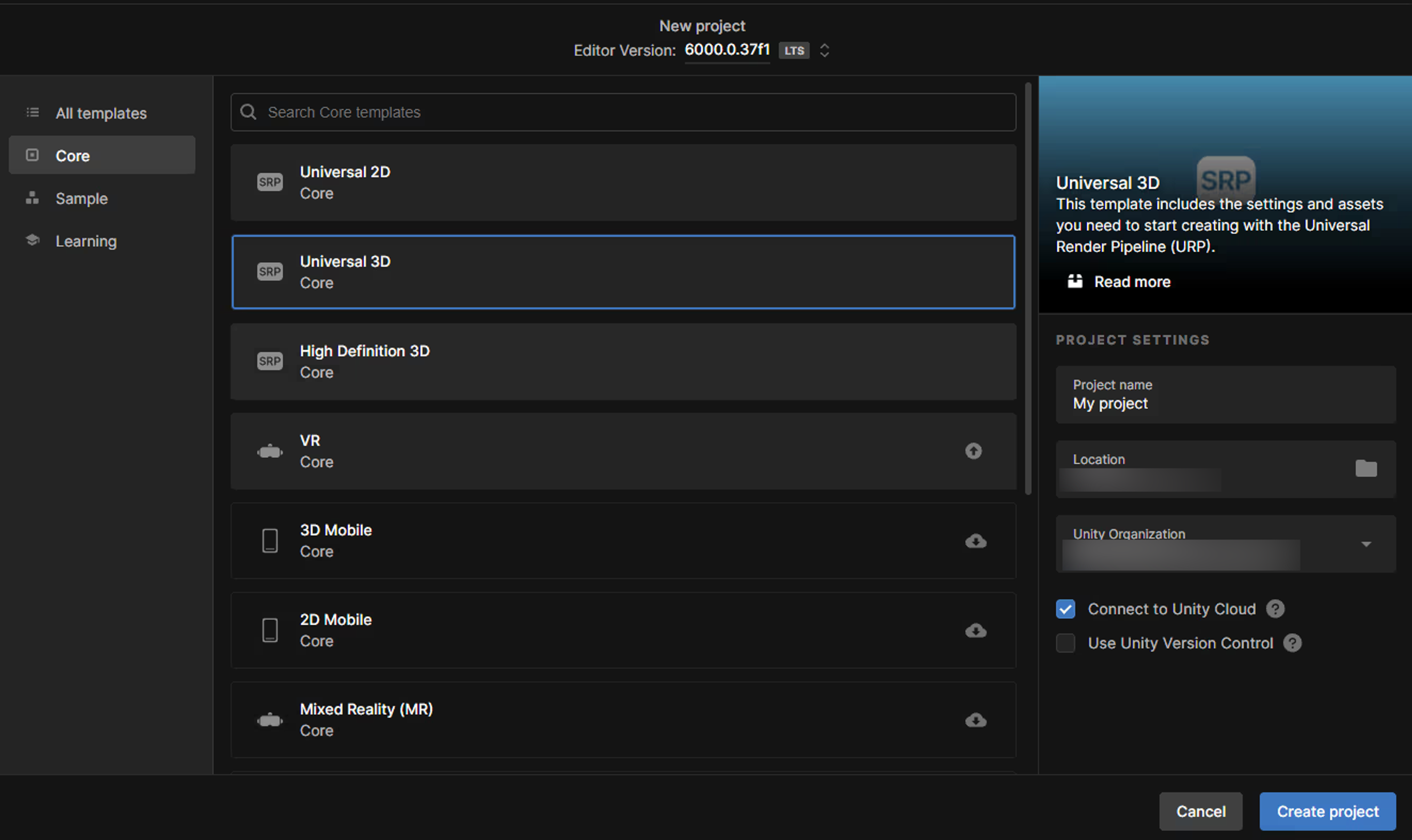 Selecting ‘Connect to Unity Cloud’ in Unity Hub