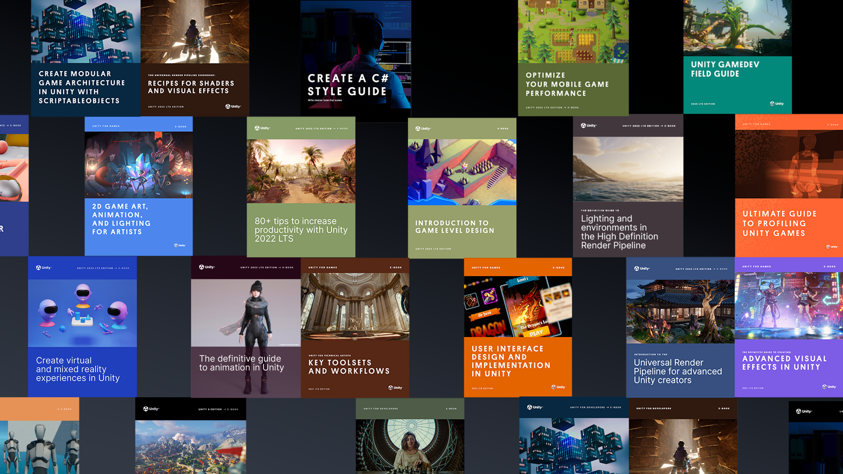 A collage of the technical e-books available on the Unity best practices hub