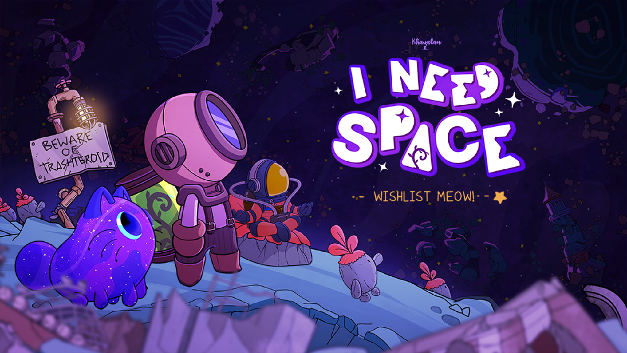 《I Need Space》游戏的宣传图,画面中一位粉色宇航员、一只宇宙猫和外星人置身于月球之上,文本中写着“加入愿望清单喵!”以及太空碎片。