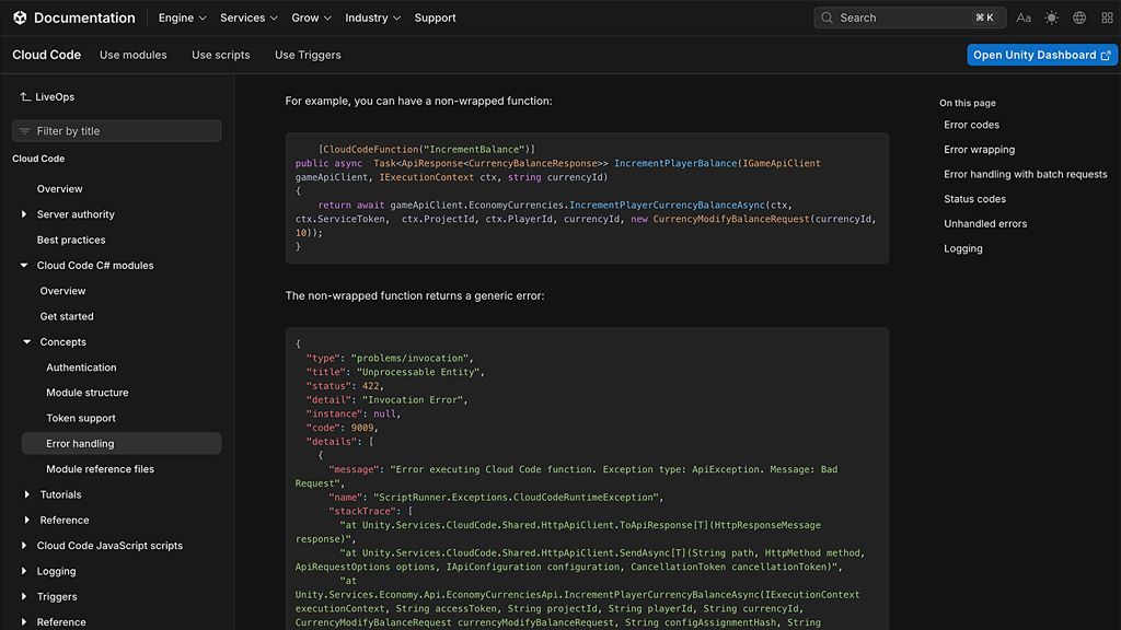 A screenshot of a dark-themed technical documentation page for Unity Cloud Code, featuring C# code snippets and JSON error responses.
