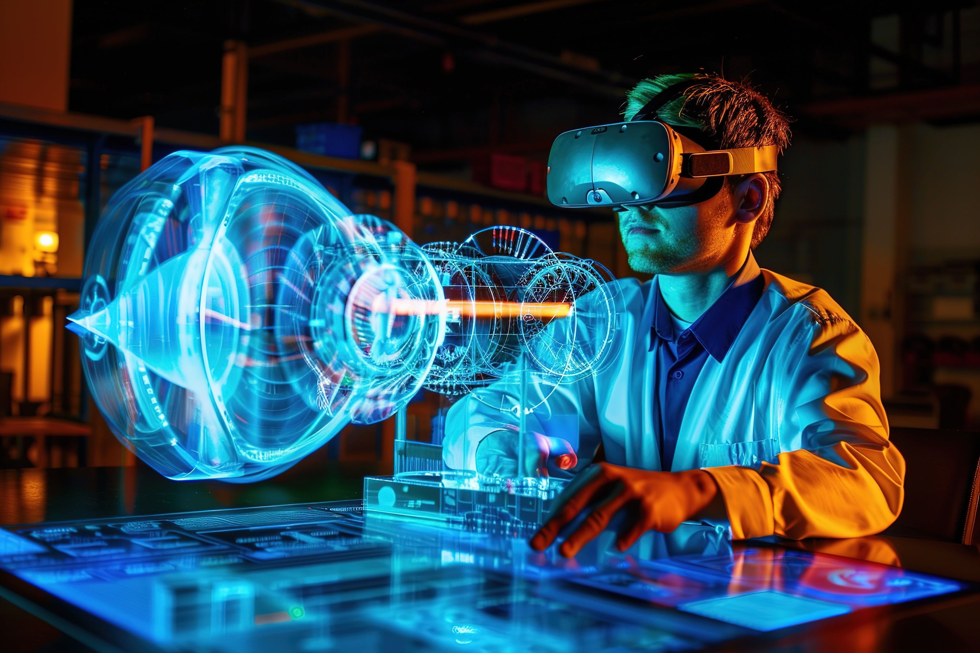 Man with VR headset working on part of a machine