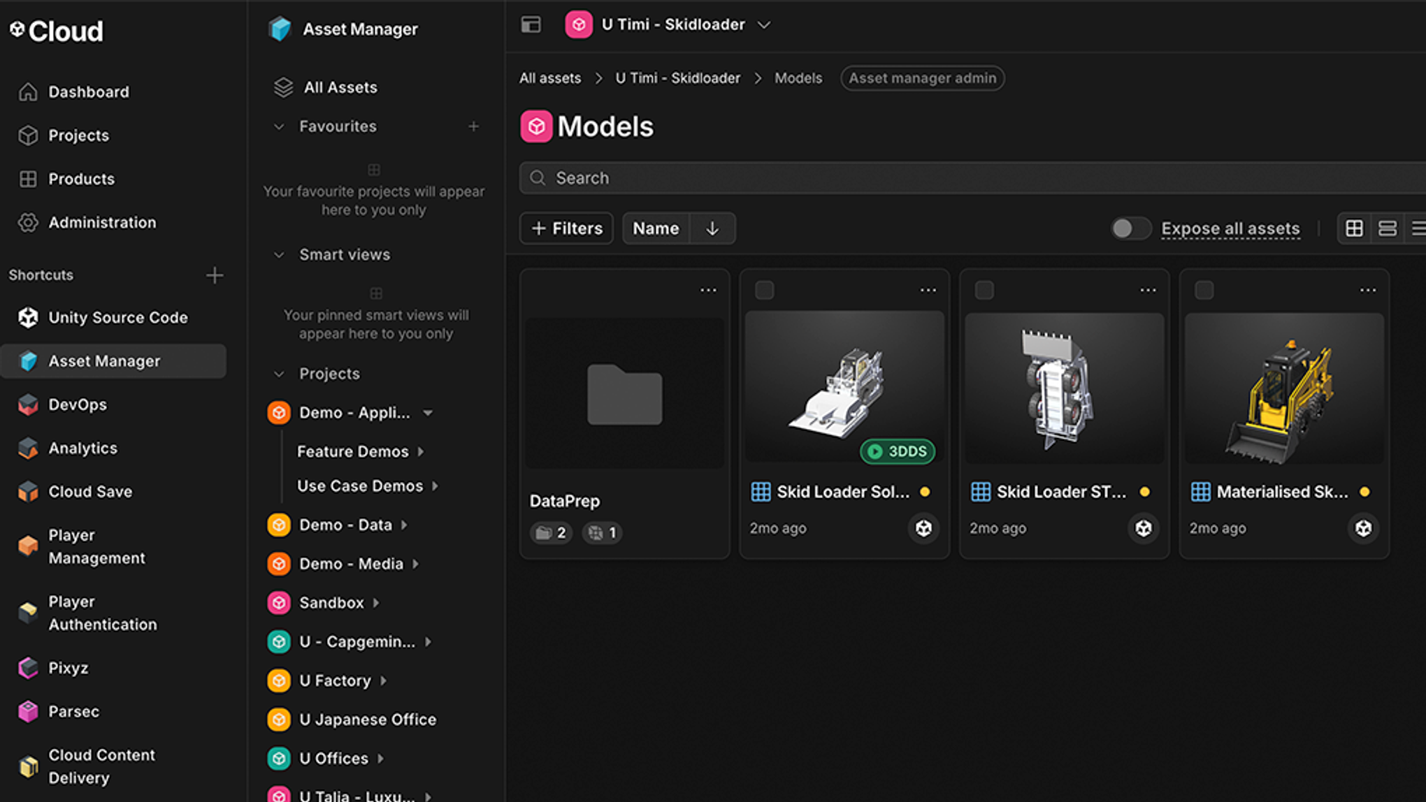 La interfaz web de Unity Asset Manager