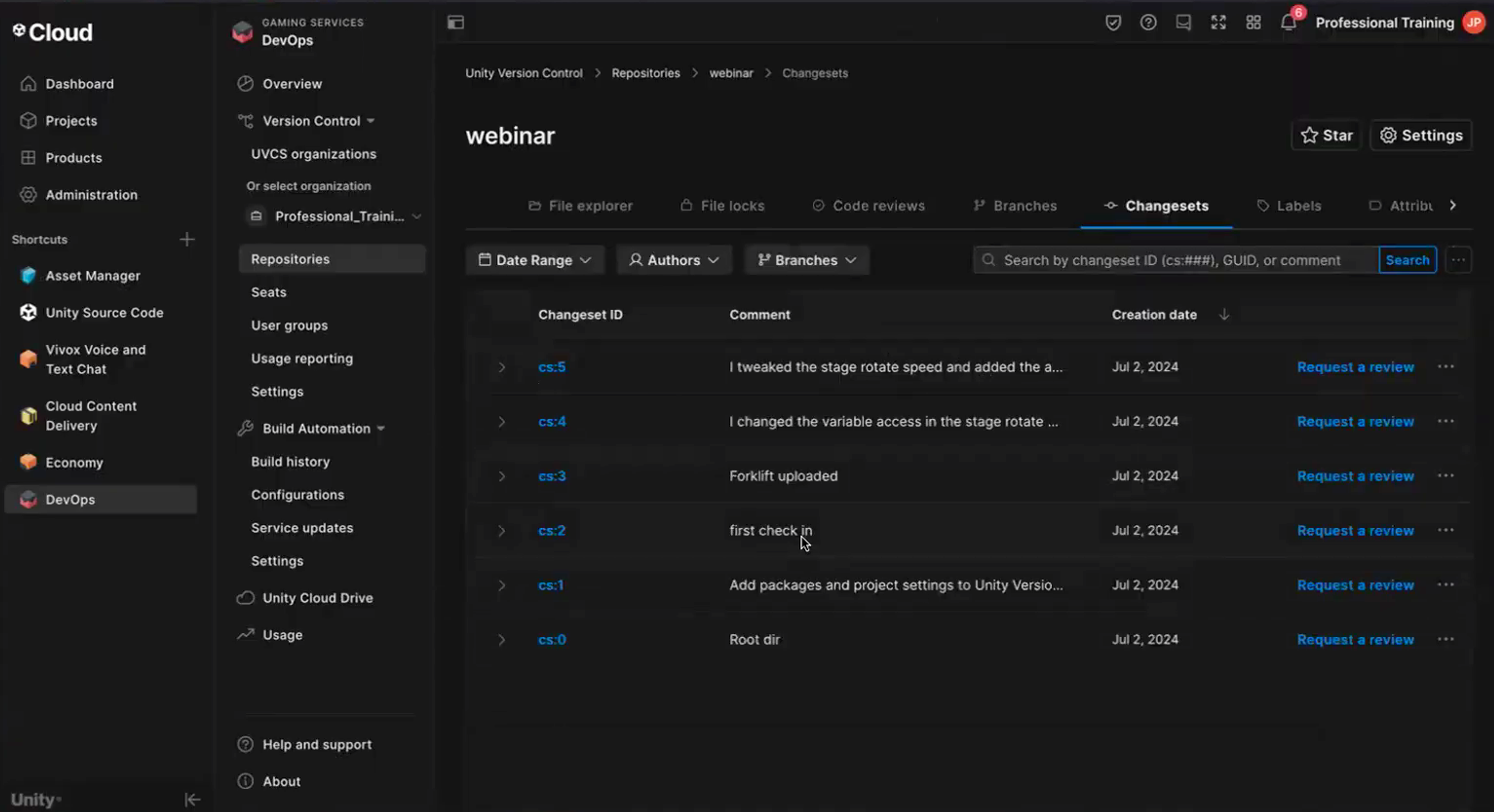 Requesting a code review in the Unity Cloud dashboard