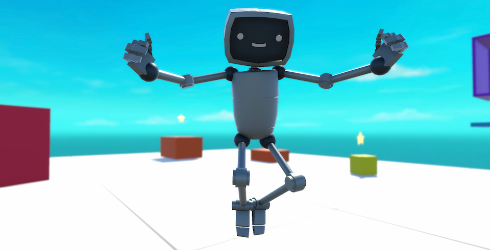 A 3D character of a small, friendly robot with a monitor head performing a cheerful pose in a bright, minimalist digital environment.