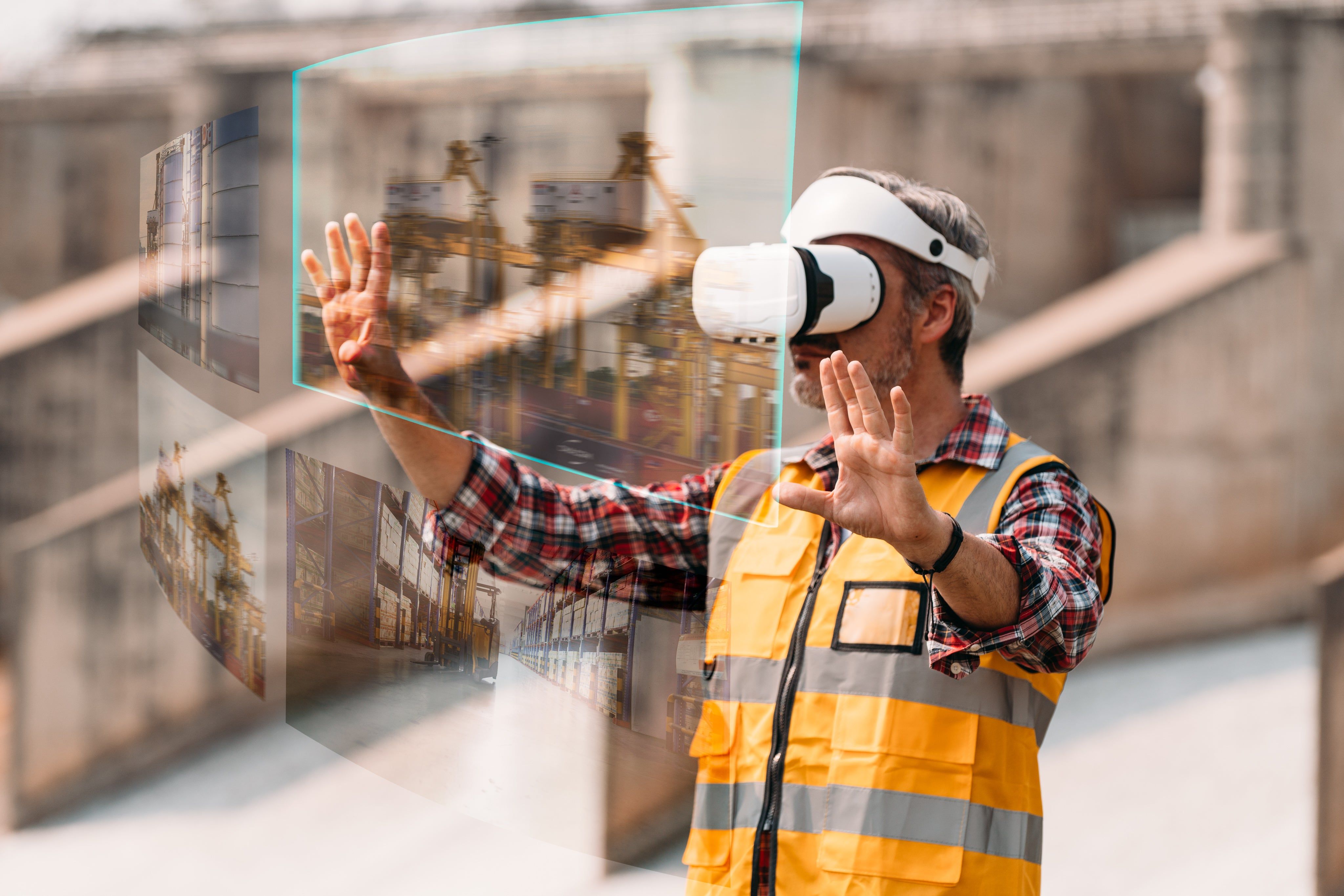 Hombre utilizando tecnología de realidad virtual para ver un proyecto inmersivo
