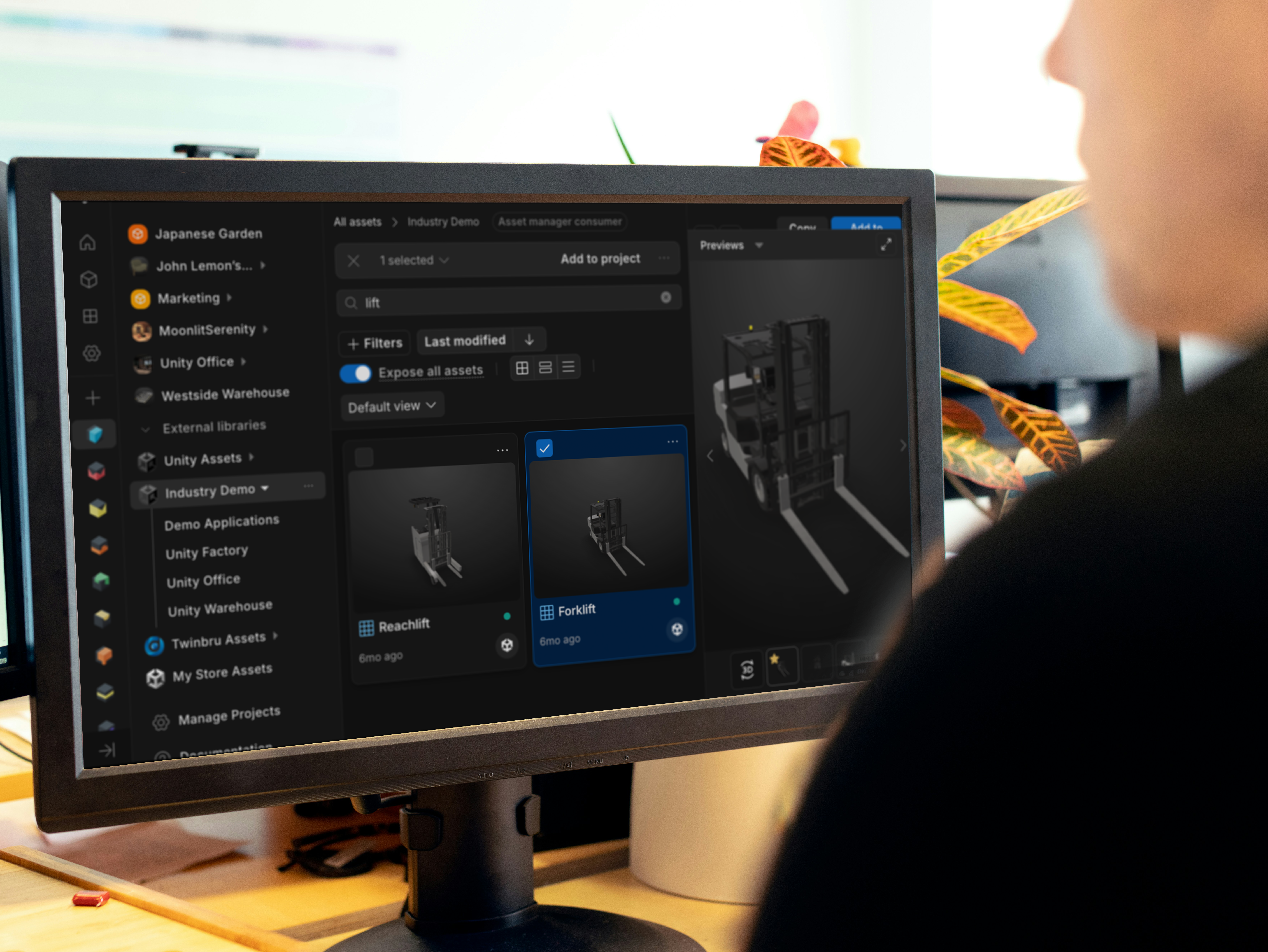 Technical artist uploading forklift asset to Unity Asset Manager
