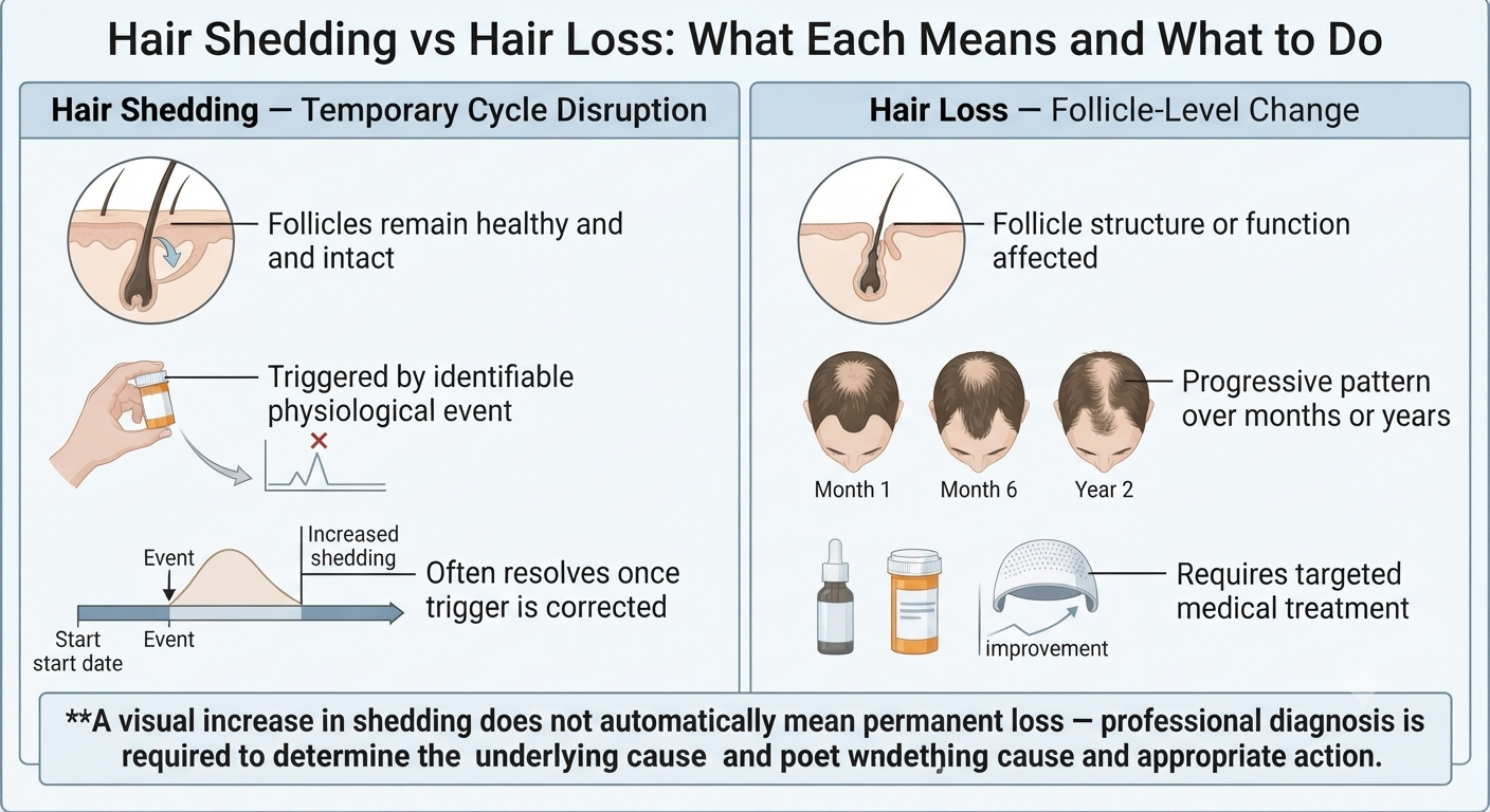 Summary diagram separating shedding and hair loss with corresponding management approaches