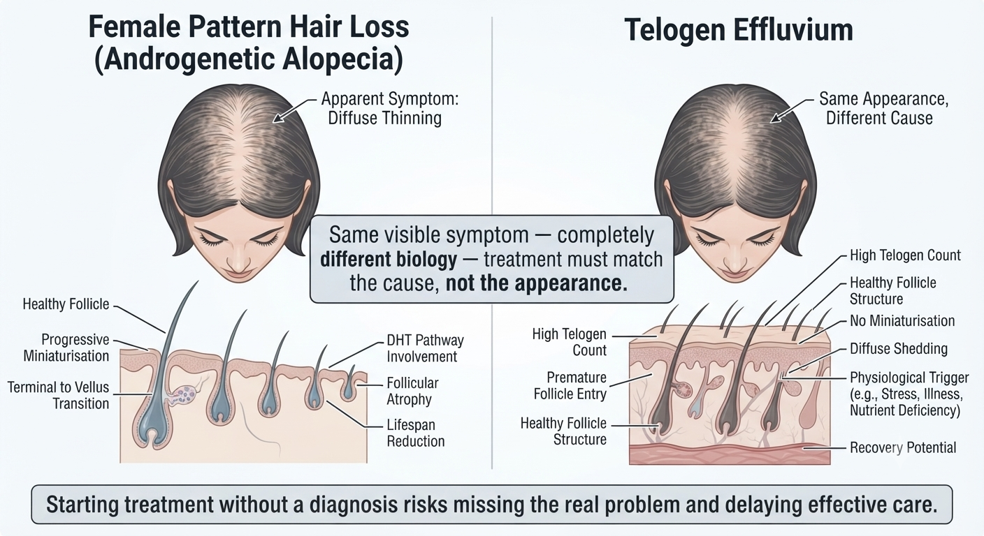 Diagram showing how similar-looking thinning can have completely different underlying causes
