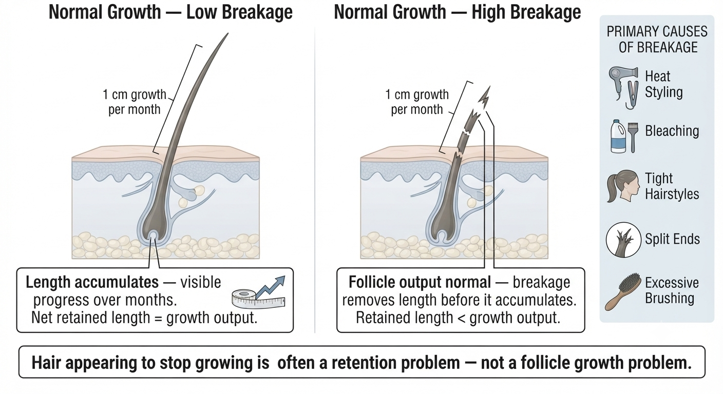Diagram showing breakage preventing visible length accumulation despite normal follicle output