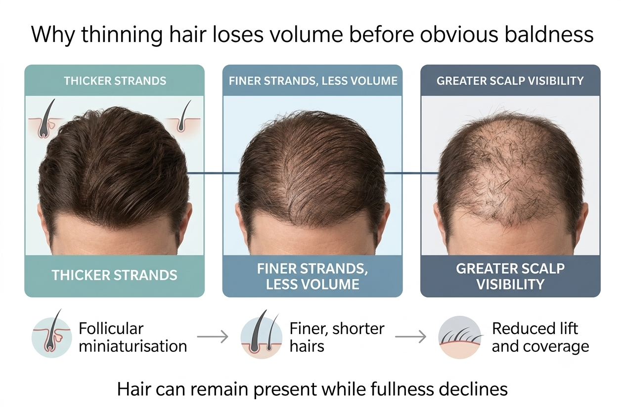 A summary diagram shows how hair can remain present while visible fullness declines.