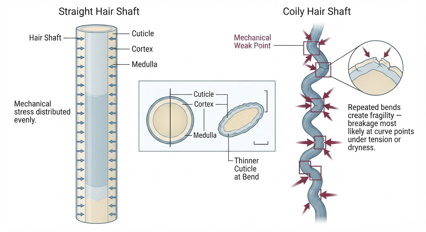 Diagram of curl structure mechanical weakness points compared to straight hair