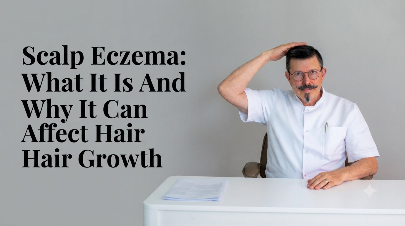 Scalp eczema what it is and why it can affect hair growth blog title on a clean background