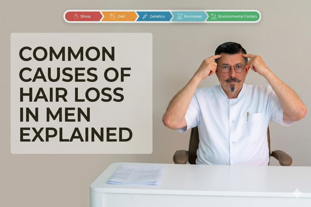 Common causes of hair loss in men including pattern loss and shedding