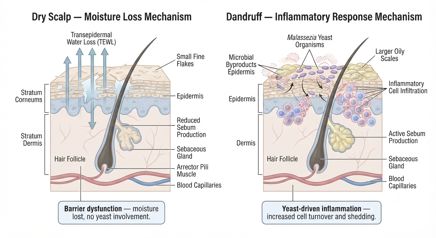 Diagram showing the dandruff mechanism involving Malassezia and the dry scalp mechanism side by side