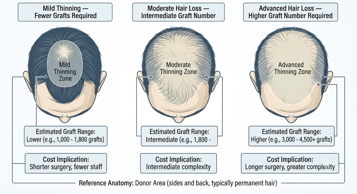 Diagram showing graft numbers across different stages of hair loss and their cost implications