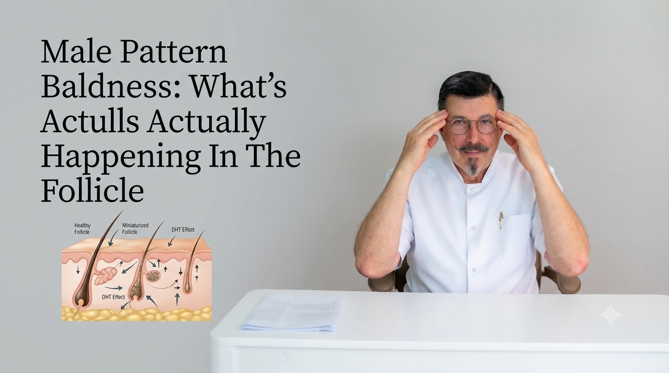 Male pattern baldness what's actually happening in the follicle blog title on a clean background