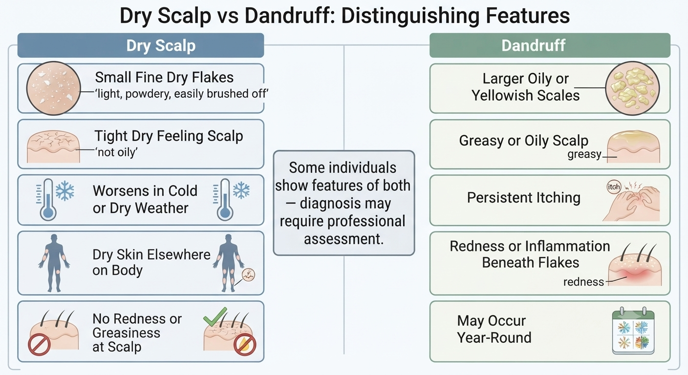 Structured comparison diagram of dry scalp vs dandruff clinical features