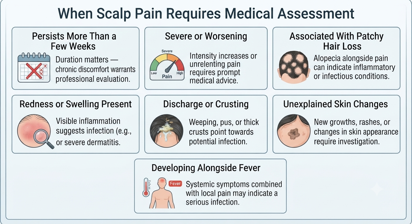 Structured warning signs panel for scalp pain requiring medical assessment