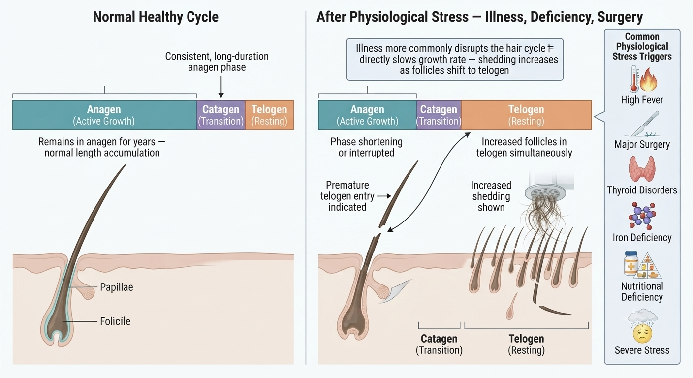 Diagram showing how systemic illness affects the hair cycle rather than growth rate directly