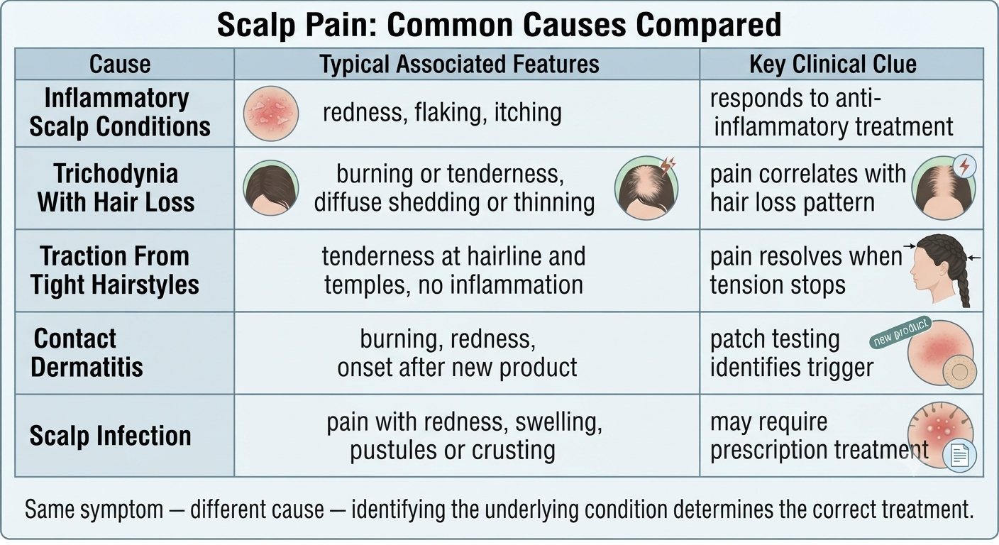 Summary diagram mapping common scalp pain causes to their distinguishing features