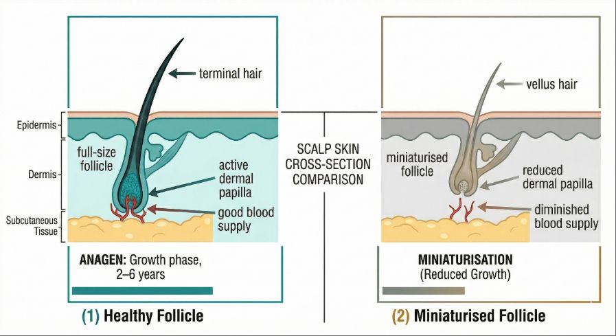 Healthy versus miniaturised follicle