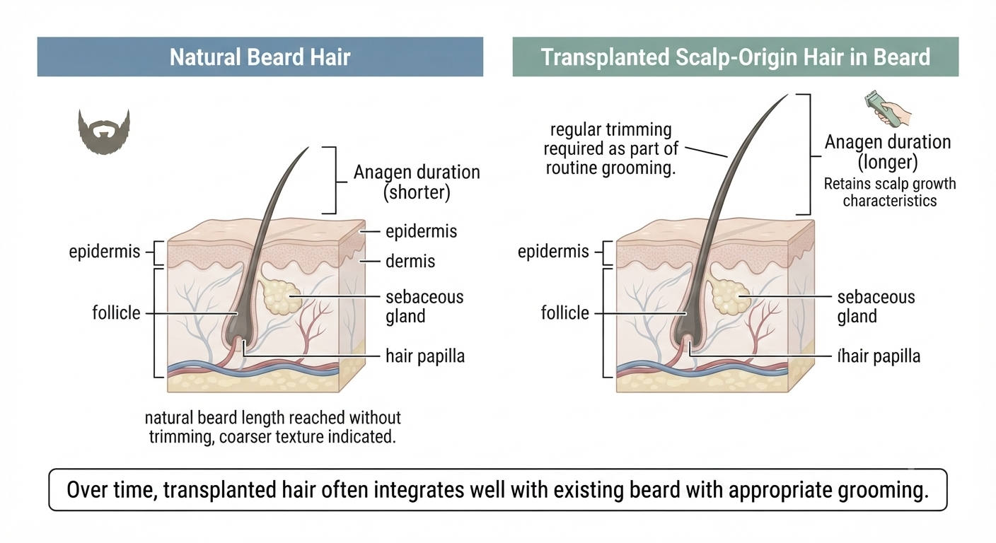 Diagram comparing scalp hair growth characteristics retained in transplanted beard hair