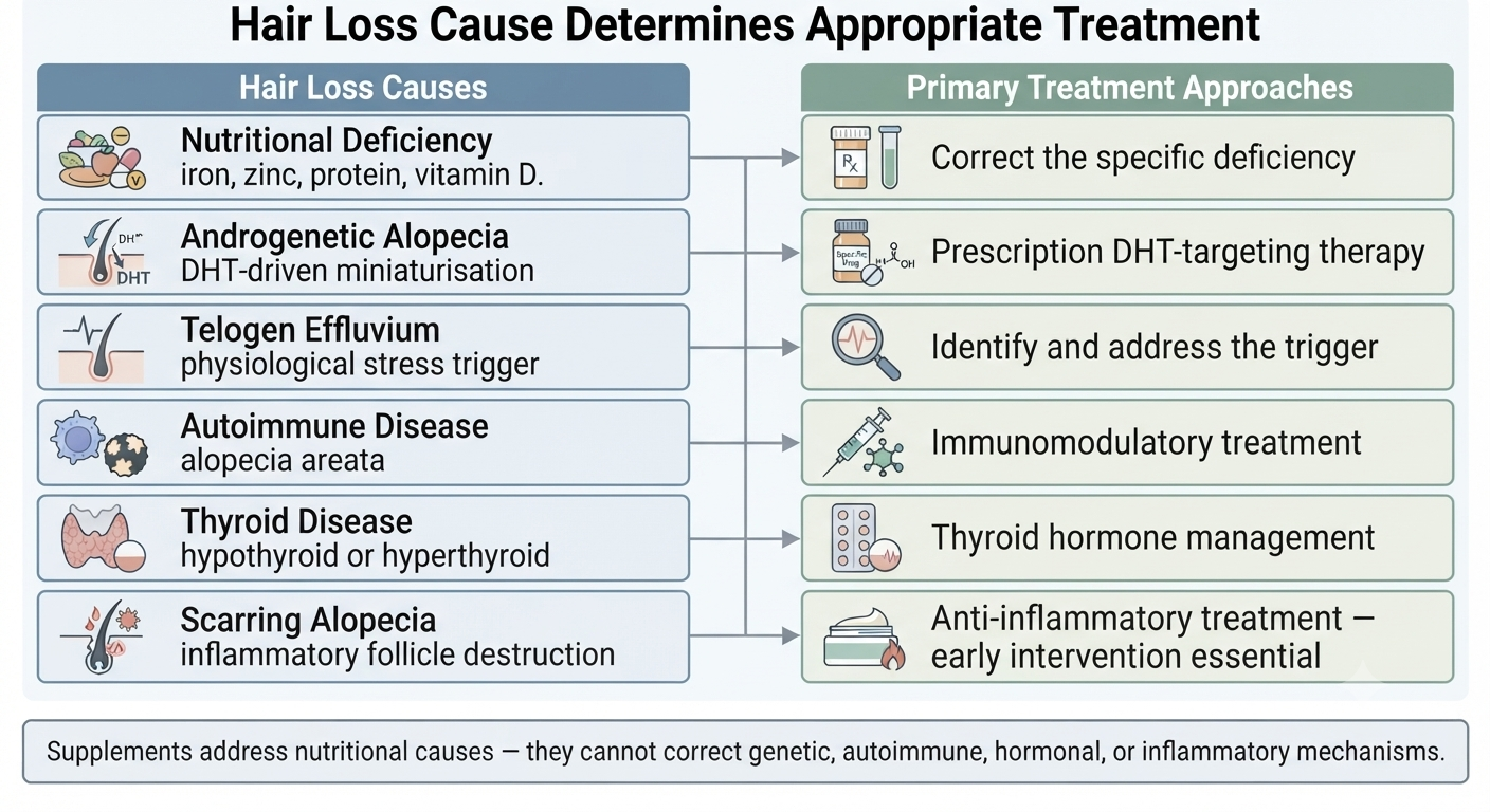 Diagram mapping hair loss causes to appropriate treatment approaches