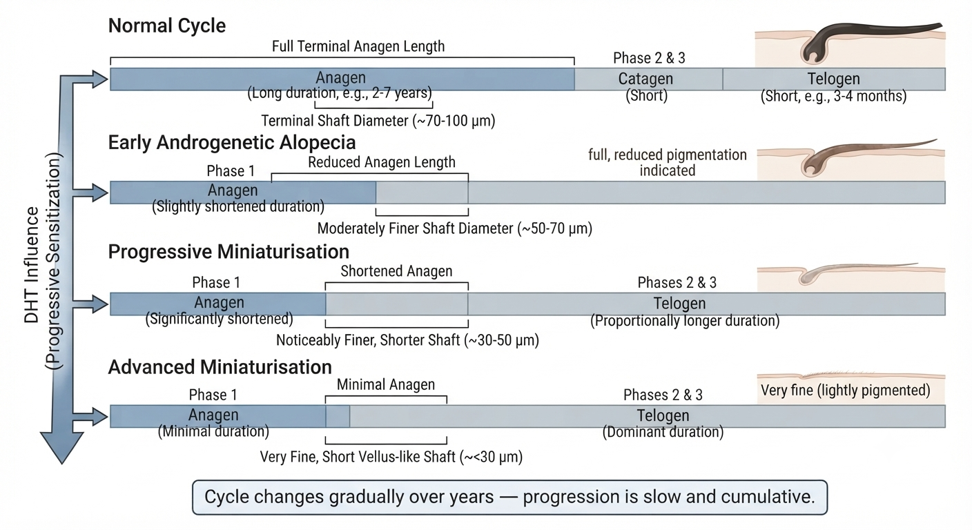 Diagram showing how androgenetic alopecia progressively alters the normal cycle