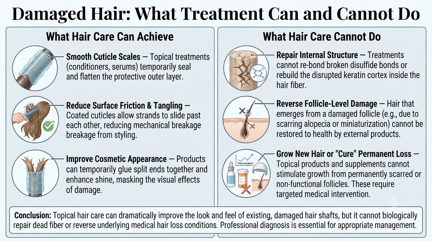 Summary diagram of what hair care can and cannot achieve for damaged hair