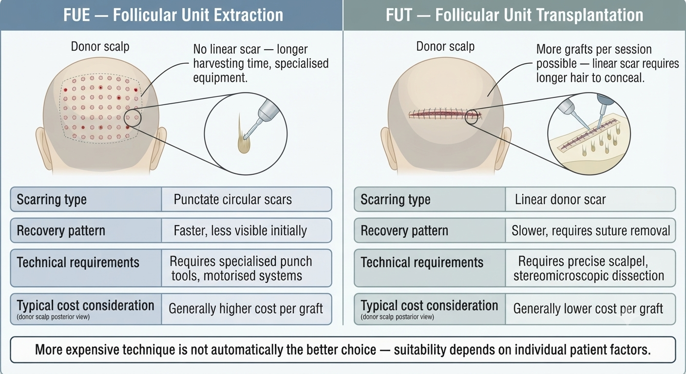 Comparison diagram of FUE and FUT techniques and their respective characteristics