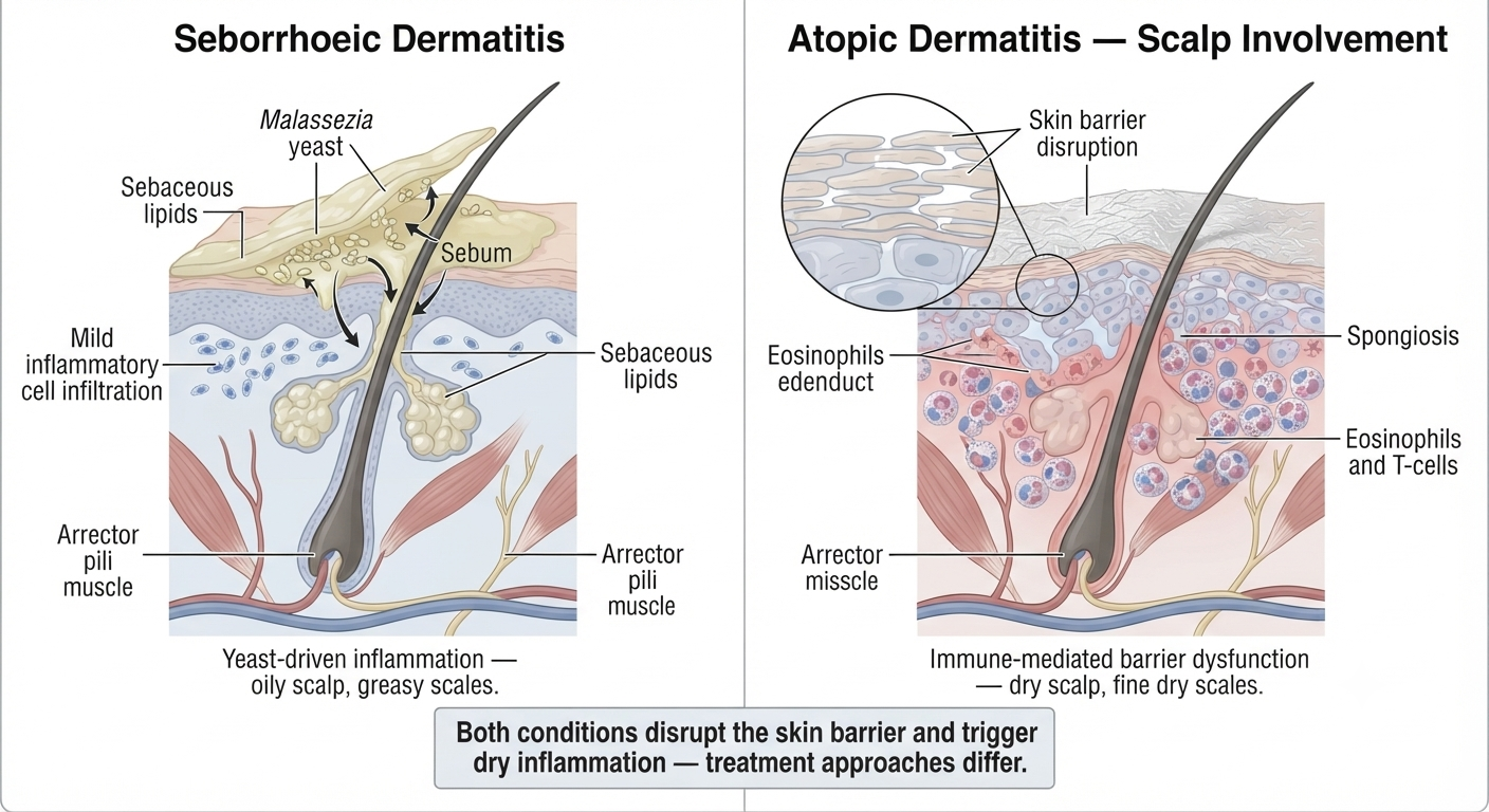 Diagram distinguishing seborrhoeic dermatitis from atopic dermatitis at the scalp skin level