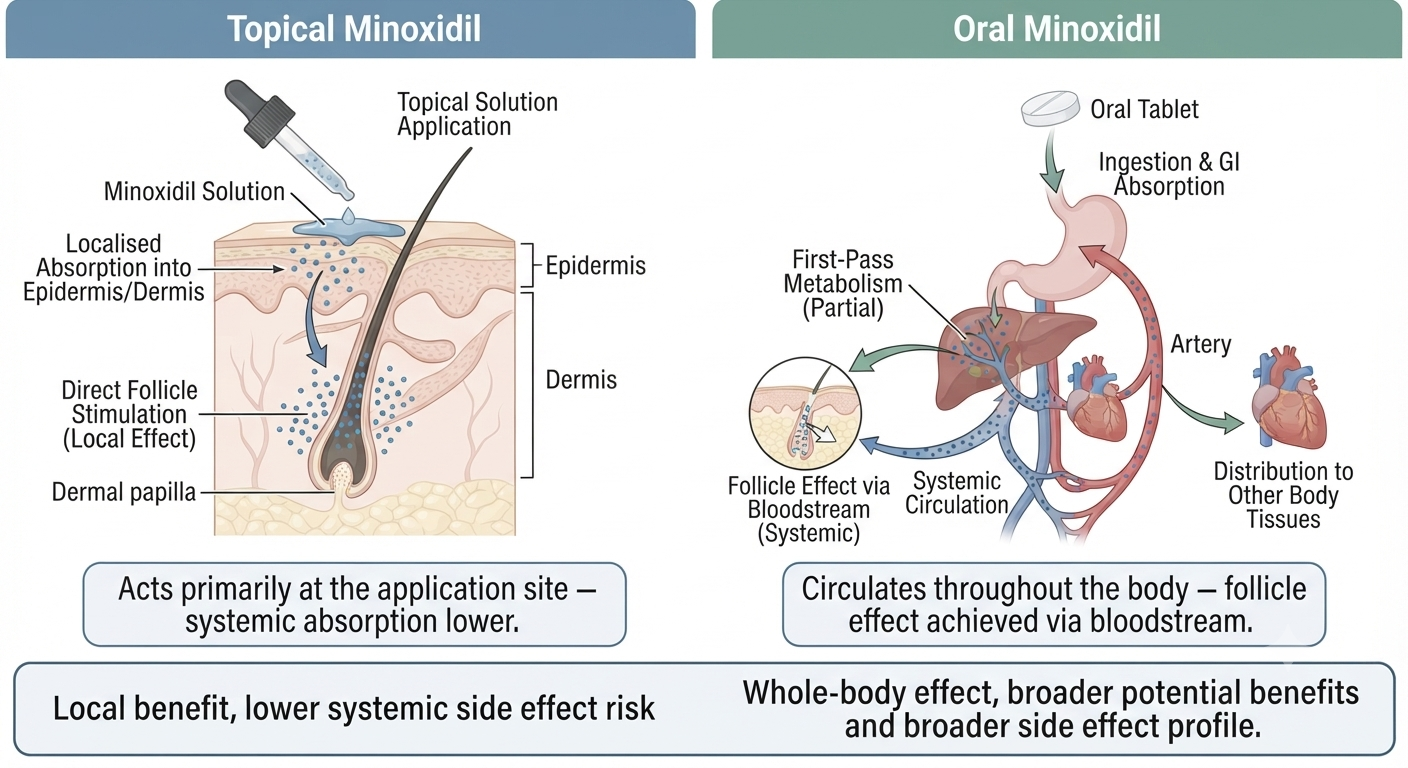 Diagram comparing systemic distribution of oral minoxidil vs localised scalp delivery of topical minoxidil