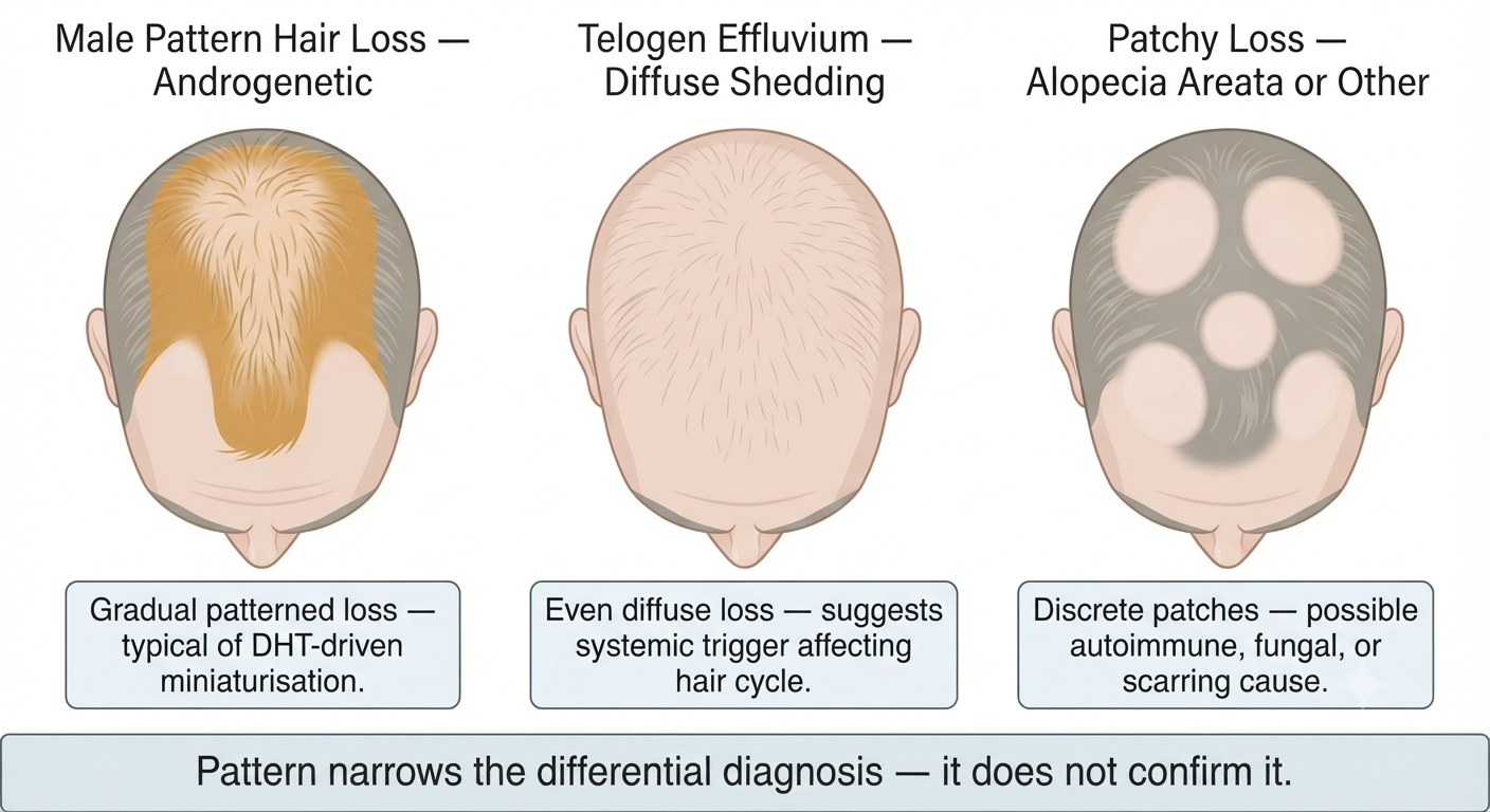 Scalp pattern diagram distinguishing androgenetic alopecia, telogen effluvium, and patchy loss