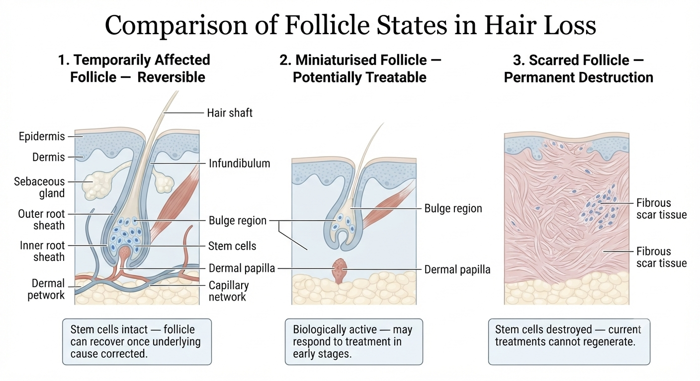 Diagram comparing reversible follicle damage vs permanent follicle destruction