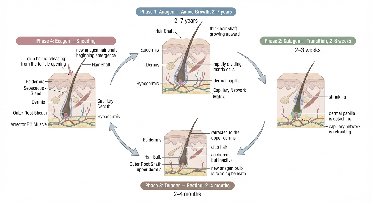 Complete four-phase hair cycle diagram with all stages and durations