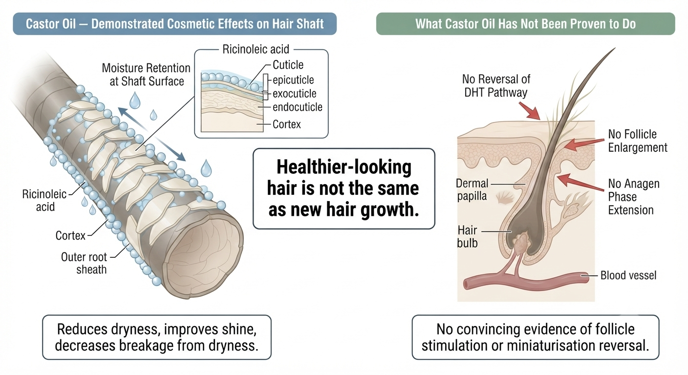 Diagram showing castor oil's cosmetic effects on the hair shaft vs what it cannot do at follicle level
