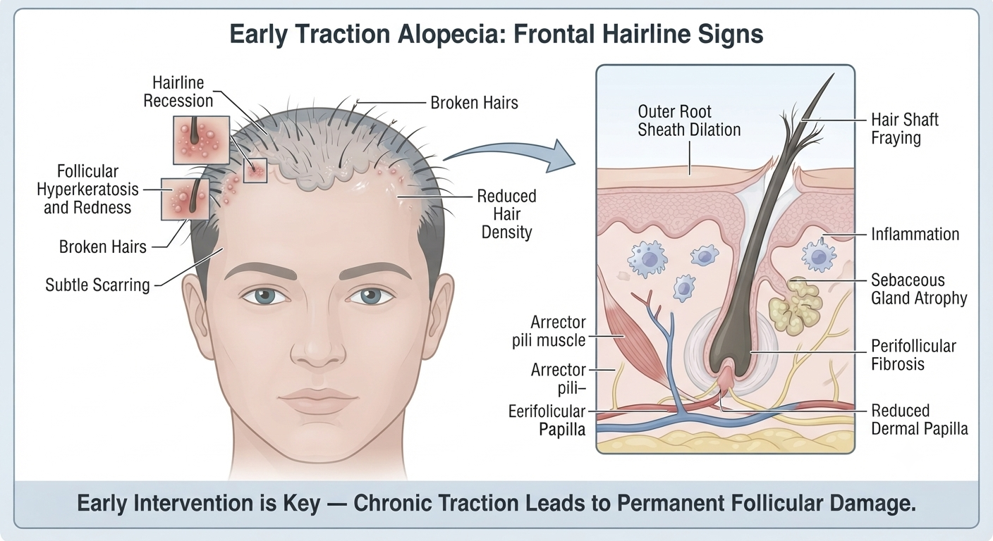 Diagram of early traction alopecia signs at the hairline and follicle level