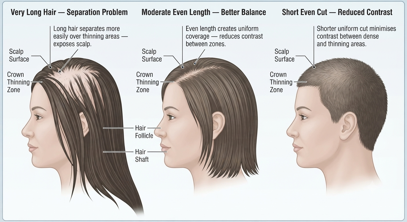 Diagram showing how hair length affects crown visibility