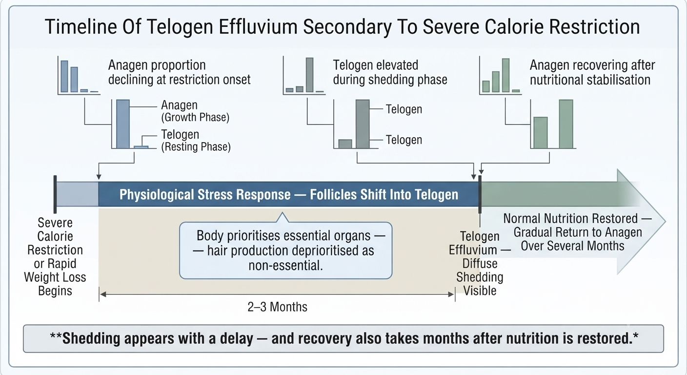Timeline diagram showing crash diet-triggered telogen effluvium