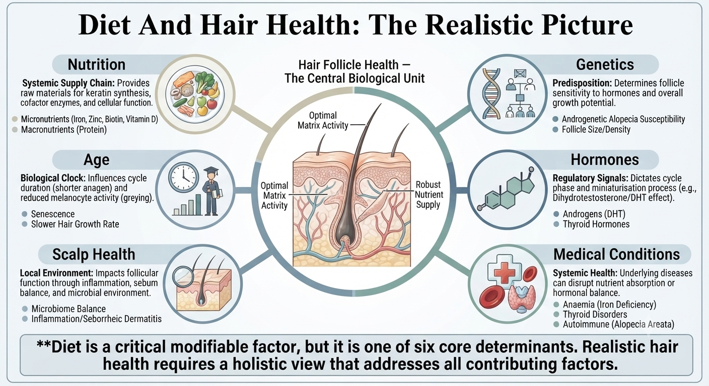 Summary diagram positioning diet within the broader hair health framework