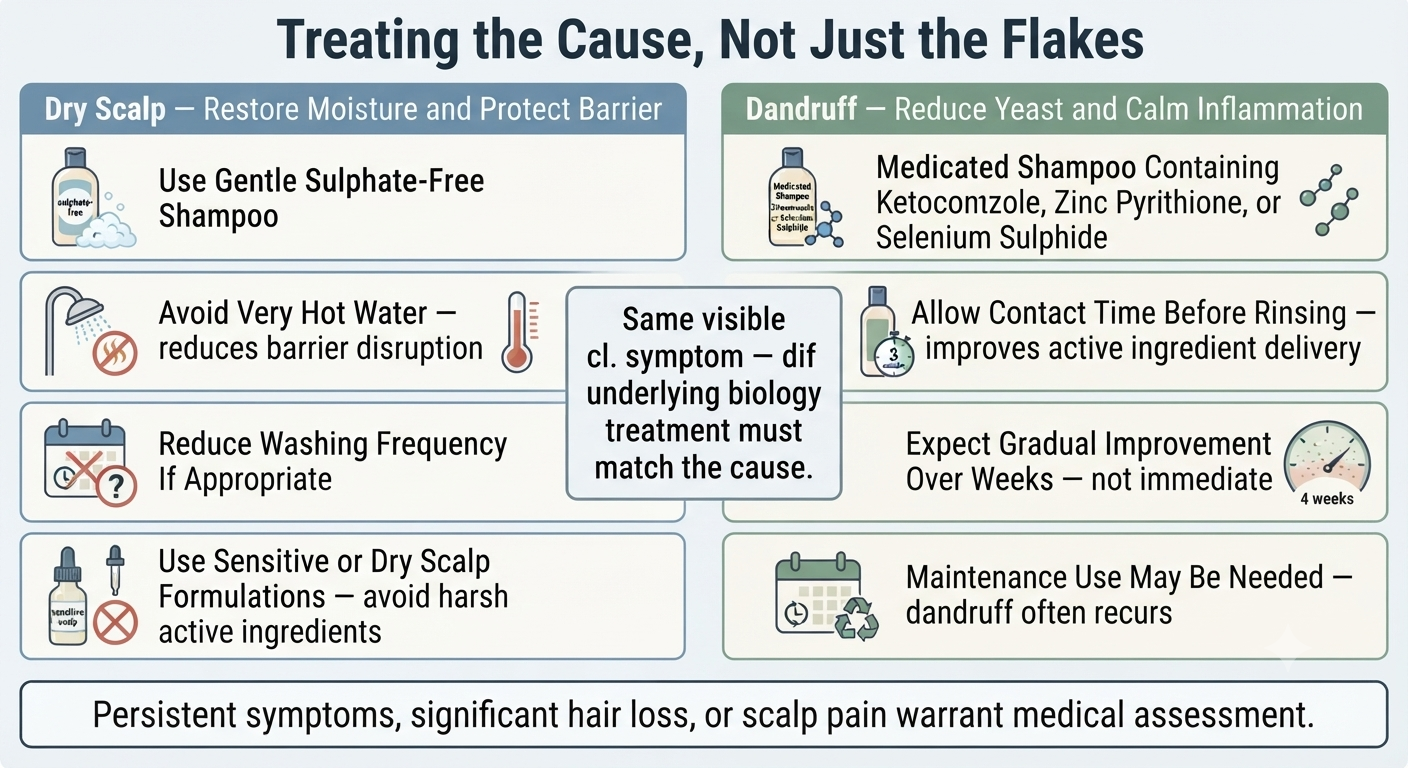 Summary treatment approach diagram for dry scalp vs dandruff