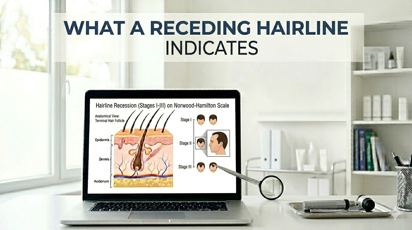Blog featured image for "What a Receding Hairline Indicates" showing a stylised scalp illustration with the post title overlaid.