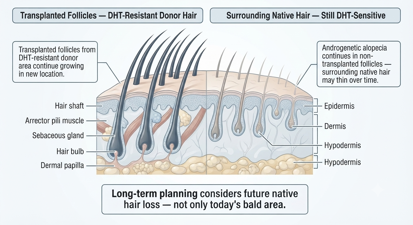 Diagram showing transplanted follicles remaining stable while surrounding native hair continues to thin