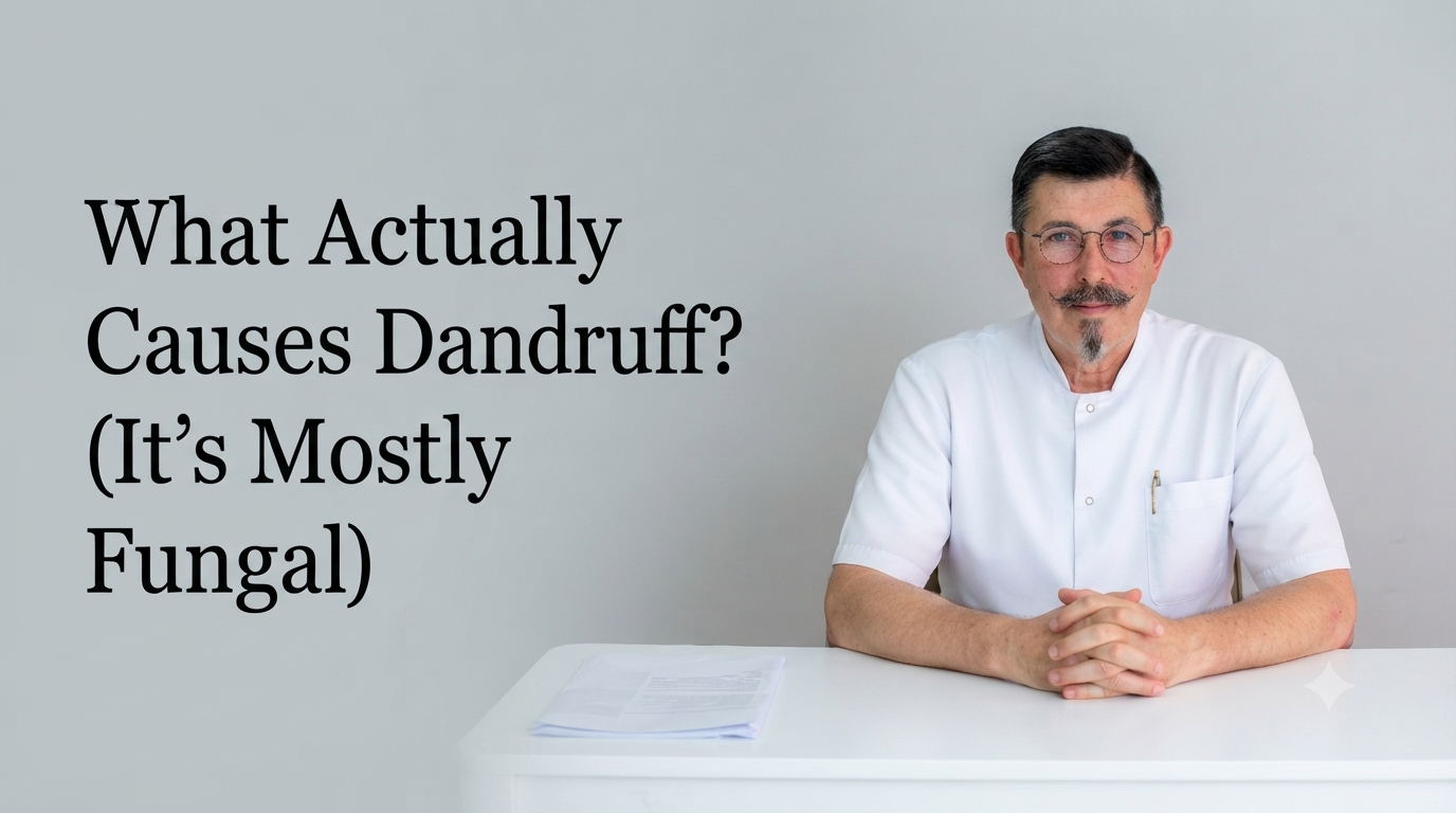 What actually causes dandruff it's mostly fungal blog title on a clean background