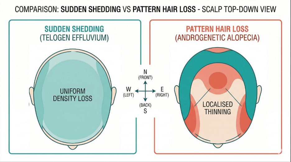 Distinguishing sudden shedding versus pattern hair loss