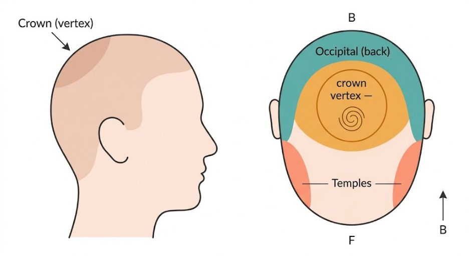 Regions of the scalp where hair grows