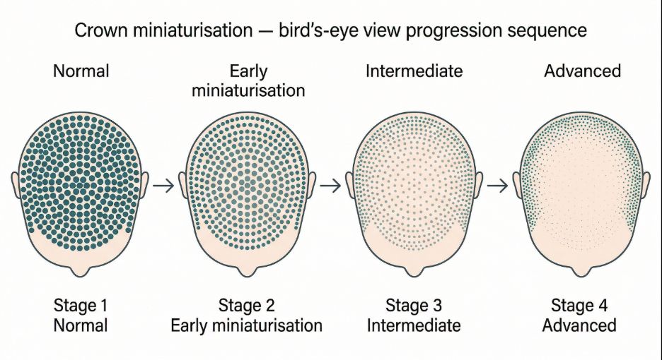 Follicle miniaturisation on the crown